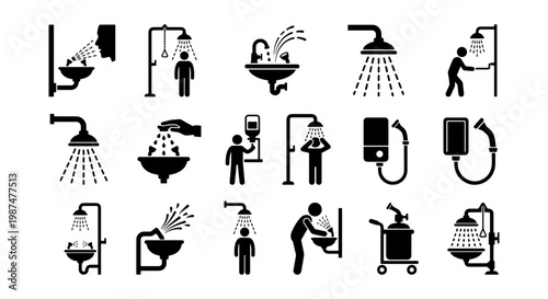 Industrial safety shower and emergency eyewash station icons, 15 black vector pictograms, occupational health and lab safety equipment symbols