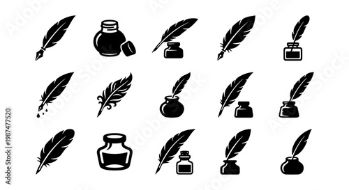Vintage quill and inkwell icons set, 15 black vector quill pen and ink bottle illustrations, antique calligraphy writing tools for stationery design