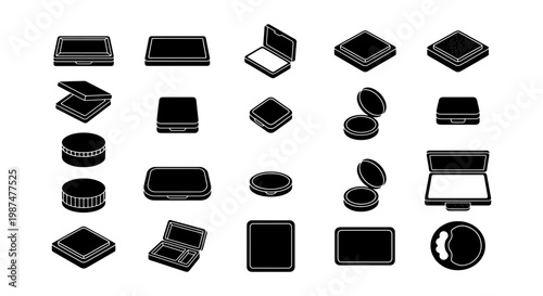 Cosmetic packaging vector icons set, black makeup compact and powder case silhouettes, 20 beauty product container elements for branding