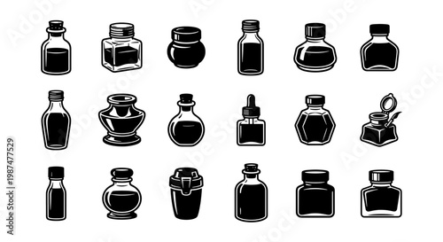 Vintage ink bottle collection, 18 black and white glass jar icons, retro apothecary potion and inkwell vector set for calligraphy and art