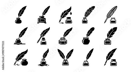 Vintage quill and inkwell icons set, 15 black vector quill pen and ink bottle silhouettes, antique writing tools for calligraphy and literature