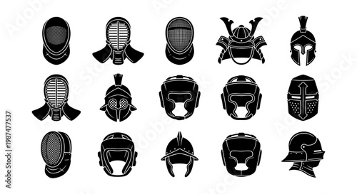 Protective combat helmets and martial arts headgear collection, 15 black vector icons of fencing masks, samurai kabuto, and spartan armor