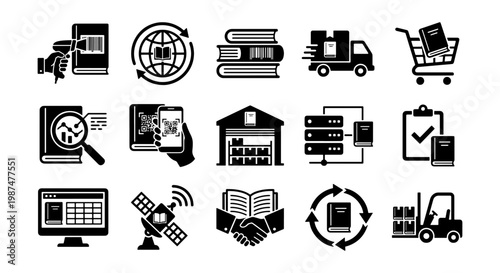Book supply chain and publishing logistics icons, 15 black vector elements for library management, global book distribution and retail commerce