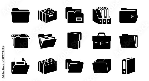 Minimalist black folder icons set, 15 document management vector elements, professional office filing and data storage symbols for business UI