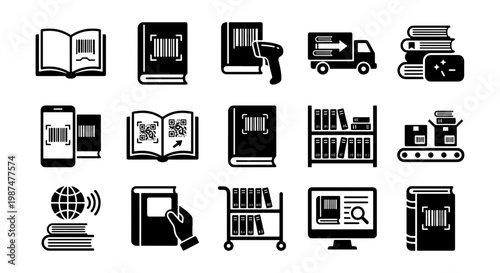 Library management and book tracking icons, 15 black vector elements for bookstore inventory, digital archive and publishing logistics symbols