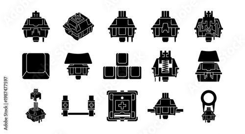 Mechanical keyboard switch icons, 15 black silhouette vector elements, custom keyboard enthusiast hardware components, gaming peripheral parts set