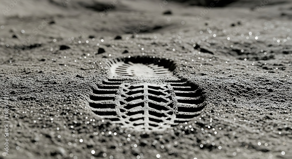 Fototapeta premium Single footprint impression left in the dusty lunar surface with sparkling highlights