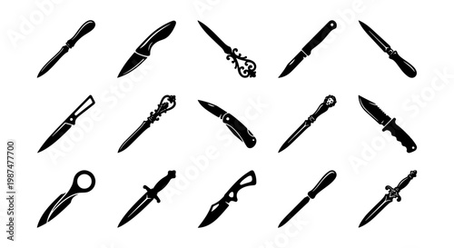 Vintage knife silhouettes set, 15 black dagger and blade icons, antique weapon collection vector, sharp hunting and combat knives for gaming