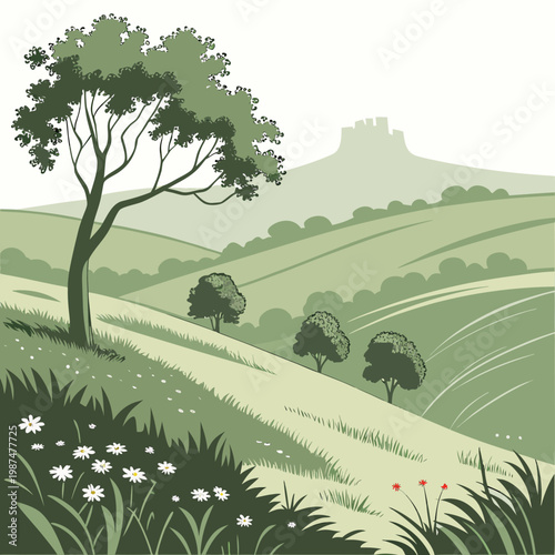 A green landscape with a tree and flowers on a hillside with a castle in the distance