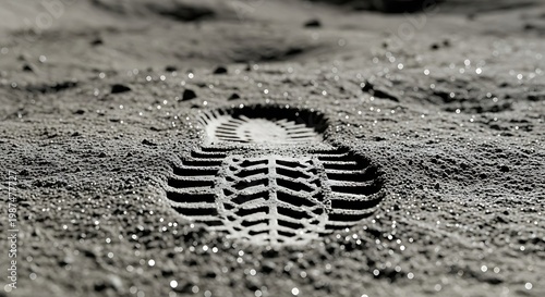 Single footprint impression left in the dusty lunar surface with sparkling highlights