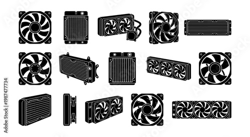 Computer cooling system vector icons, black silhouette PC fan and radiator set, 15 hardware components for liquid and air thermal management