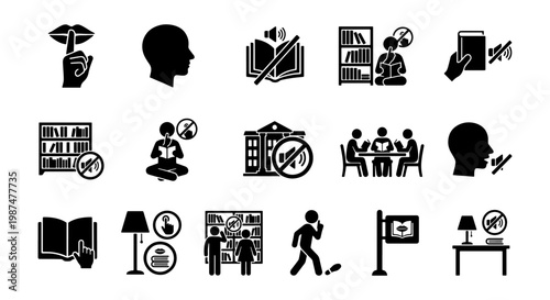 Library quiet zone icons set, 15 black vector pictograms for silence and reading, study area etiquette symbols for public spaces and schools