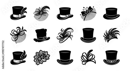 Vintage top hat and fascinator icons, set of 15 elegant headwear vector elements, classic black and white formal hats for horse racing and weddings