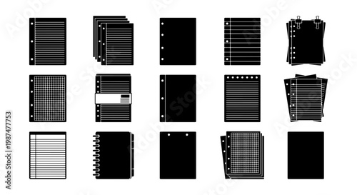 Minimalist notebook paper icons set, black and white binder sheet vector illustrations, 15 stationery elements for planning and office organization