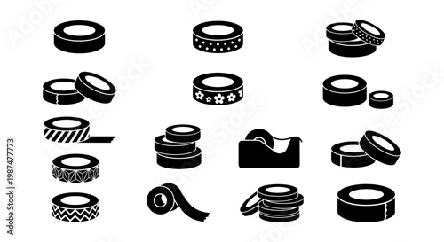 Black adhesive tape icon set, decorative washi tape rolls and dispenser vector, minimalist masking tape collection for scrapbooking and office