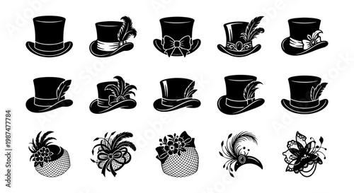 Vintage top hat and fascinator icons, set of 15 black vector silhouettes, elegant Victorian headwear with feathers and bows for formal fashion
