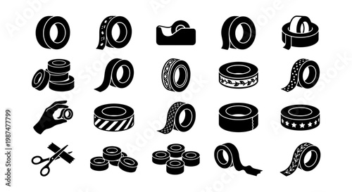 Adhesive tape icon set, 20 black vector elements of duct tape rolls and dispensers, office stationery and packaging supplies for shipping