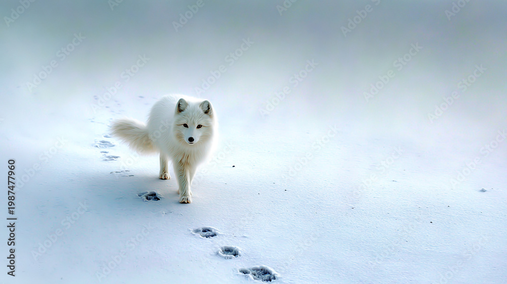 Fototapeta premium Arctic fox walking on snow-covered landscape during winter