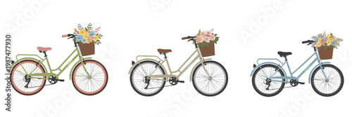 Three Bicycles with Flower Baskets in Different Colors illustration