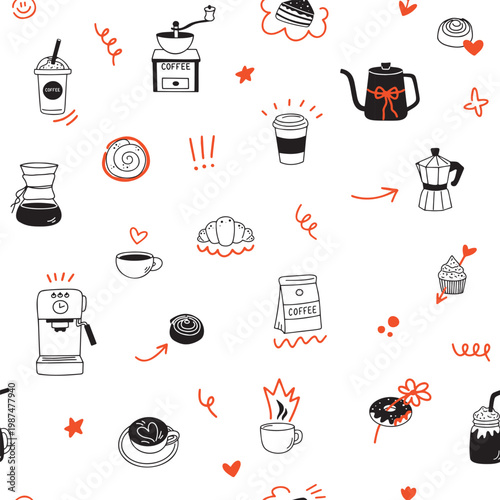 Hand drawn coffee doodle icons set. Cute coffee design elements seamless pattern isolated on white background. Line art clipart symbols.