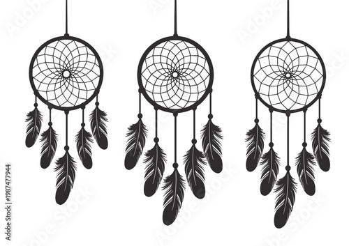 Three Black and White Dreamcatchers with Feathers Hanging native american tradition