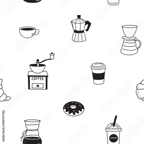 Hand drawn coffee doodle icons set. Cute coffee design elements seamless pattern isolated on white background. Line art clipart symbols.