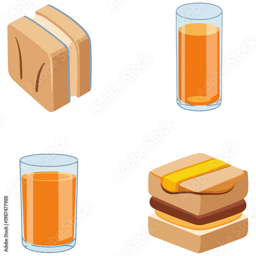 toasted sandwich and orange juice breakfast flat vector icon set