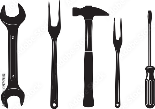 Black and white illustration of various hand tools arranged vertically