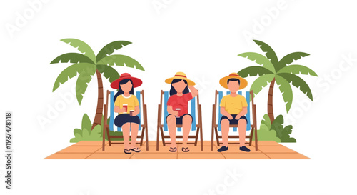 People Relaxing on Beach Chairs Under Palm Trees at Sunset