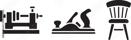 Distinct woodworking tools, set of 3, and furniture: a lathe, a hand plane, and a spindle chair