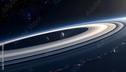 Dramatic cosmic scene of Saturn's rings edge-on with starry night sky background