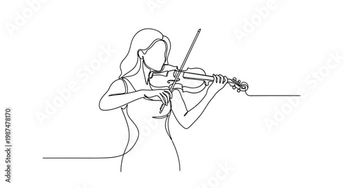 Photos Continuous line drawing of a musician woman playing violin string instrument wit