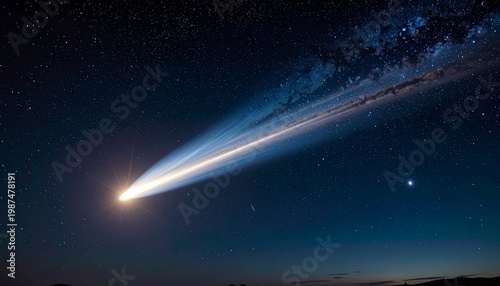 Bright comet with long dust and ion tails streaking across starry night sky