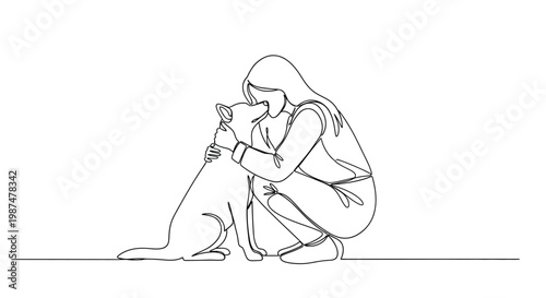Bilde på lerret Sketch of person cuddling dog conveying affection and companionship line art ani