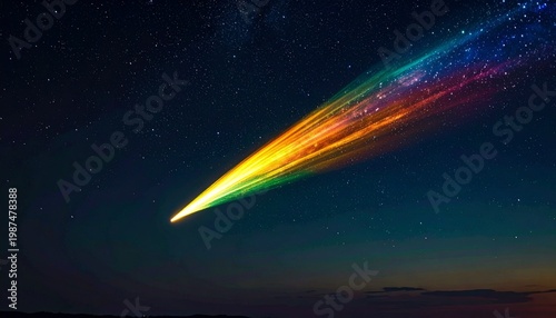 Vibrant multicolor meteor streaking across starry night sky with aurora glow