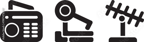 Retro radio, antenna, set of 3, and receiver icons vector illustration with old radio, radio