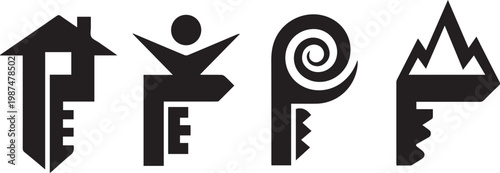 Abstract black and white icons house figure spiral and mountain