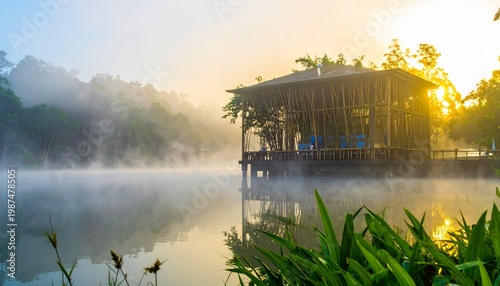 luxury bamboo retreat over misty lake at sunrise with golden light