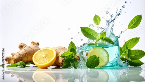 Fresh citrus and ginger splash in water for detox and wellness advertising