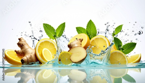 Fresh citrus and ginger splash in water for health drink advertising
