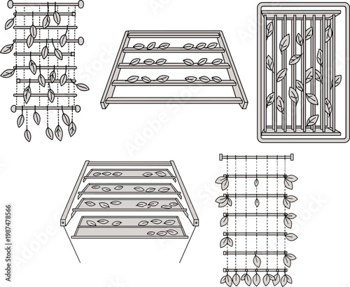 Line drawings of drying racks for herbs and plants showing vertical, angled, and rectangular designs, airflow efficiency illustration concept