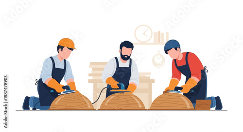 Woodworkers Crafting in Workshop with Tools and Wood Blocks