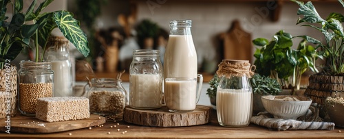 Making and drinking soy milk for health minimalist cafe scene with soy milk drink served in aesthetic glass modern lifestyle