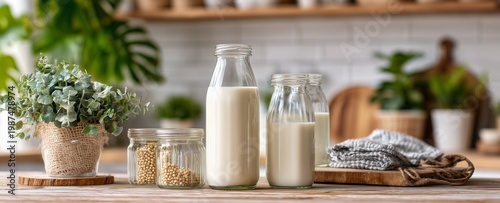 Making and drinking soy milk for health minimalist cafe scene with soy milk drink served in aesthetic glass modern lifestyle