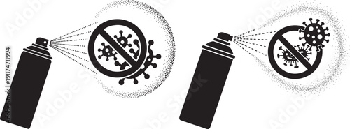 Two aerosol spray cans emitting a mist with a prohibition symbol over virus icons health care spray can disinfectant cleaning bacteria prevention sanitizer protection pandemic prohibition