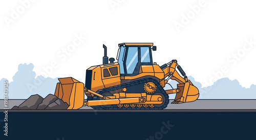 A Bold Orange Bulldozer Working At a Construction Site, An Illustrated Vector Graphic