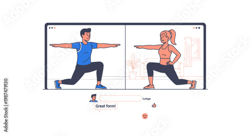 Man and woman doing lunges during virtual fitness class