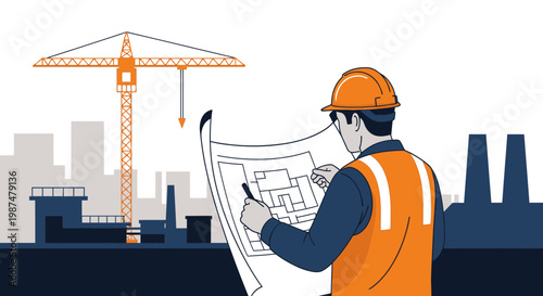 A Construction Blueprint and Crane Depicting Urban Development Project Planning and Strategy