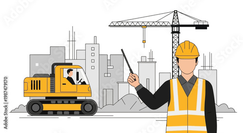A Construction Foreman Pointing At Building Architecture And Heavy Machinery Illustration