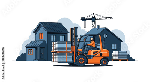 A Construction Site With A Forklift Transporting Materials Between New Houses